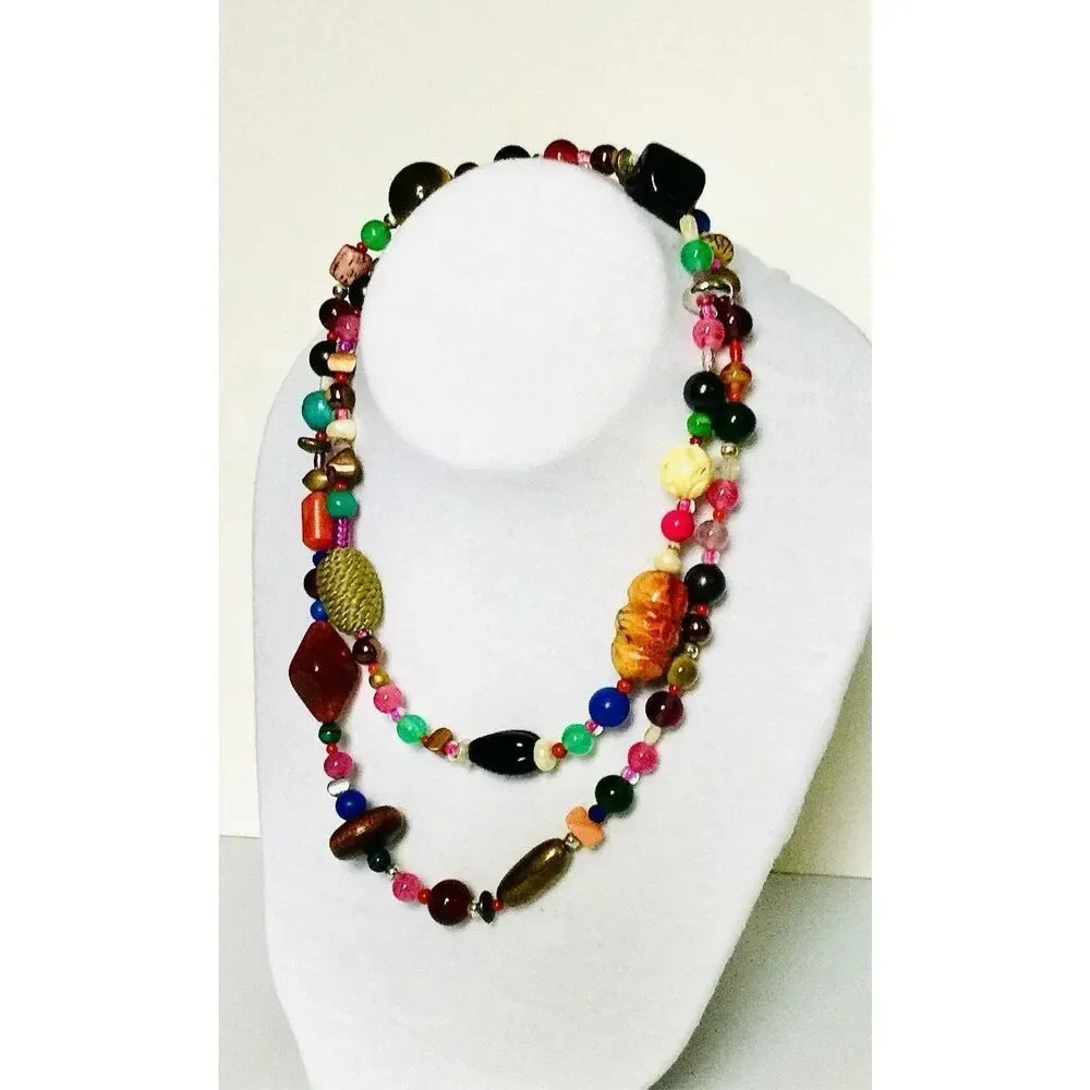 Vintage Womens Multicolor Long Glass Beaded Necklace Fashion Jewelry Collection